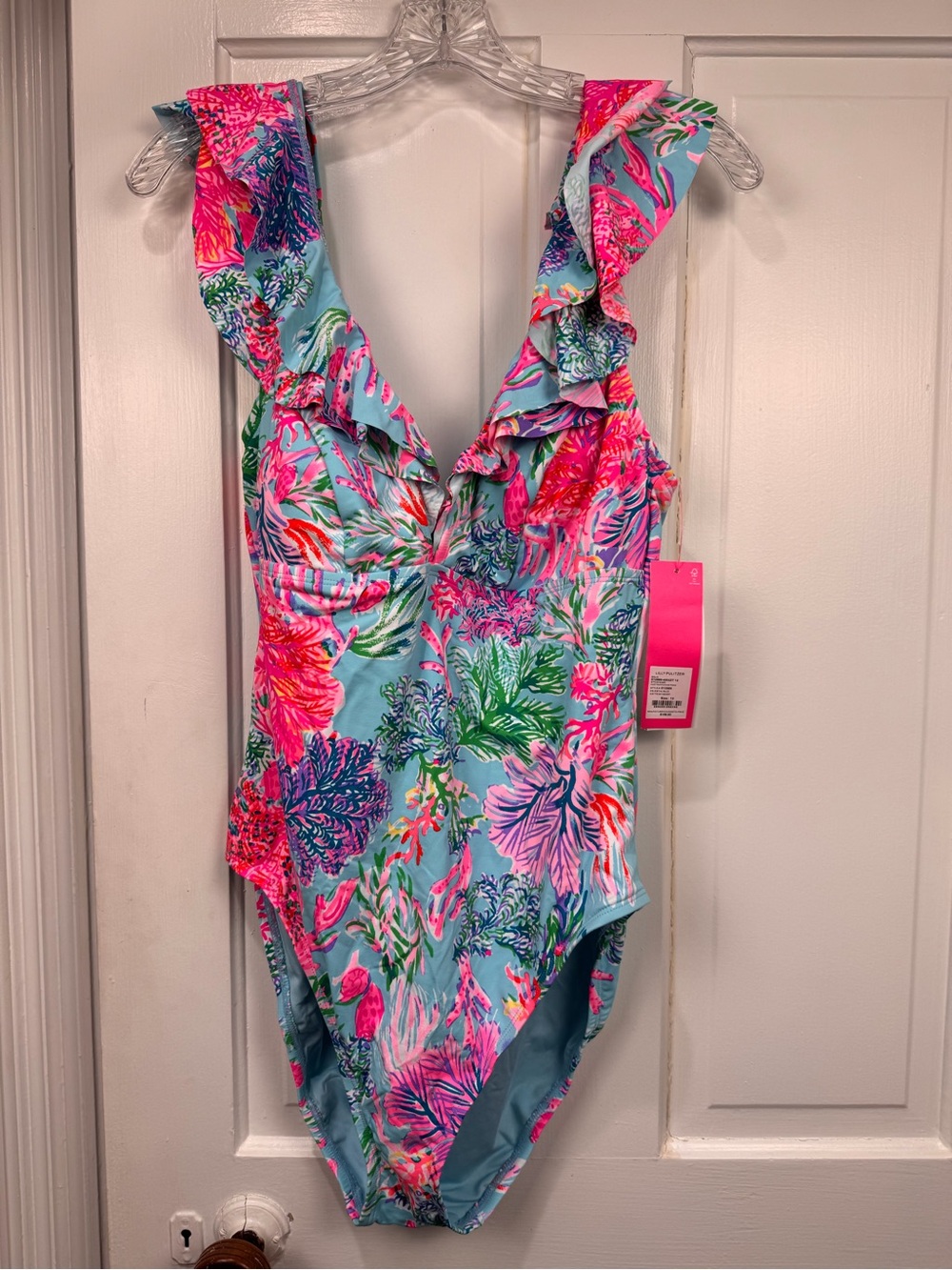 Lilly Pulitzer Pink & Aqua Tropical Ruffle One-Piece Swimsuit